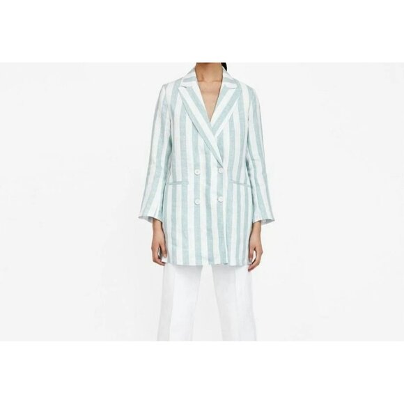 Zara Basic Womens Oversized Striped Blazer Jacket 100% Linen S Light Green & Whi - Picture 1 of 8